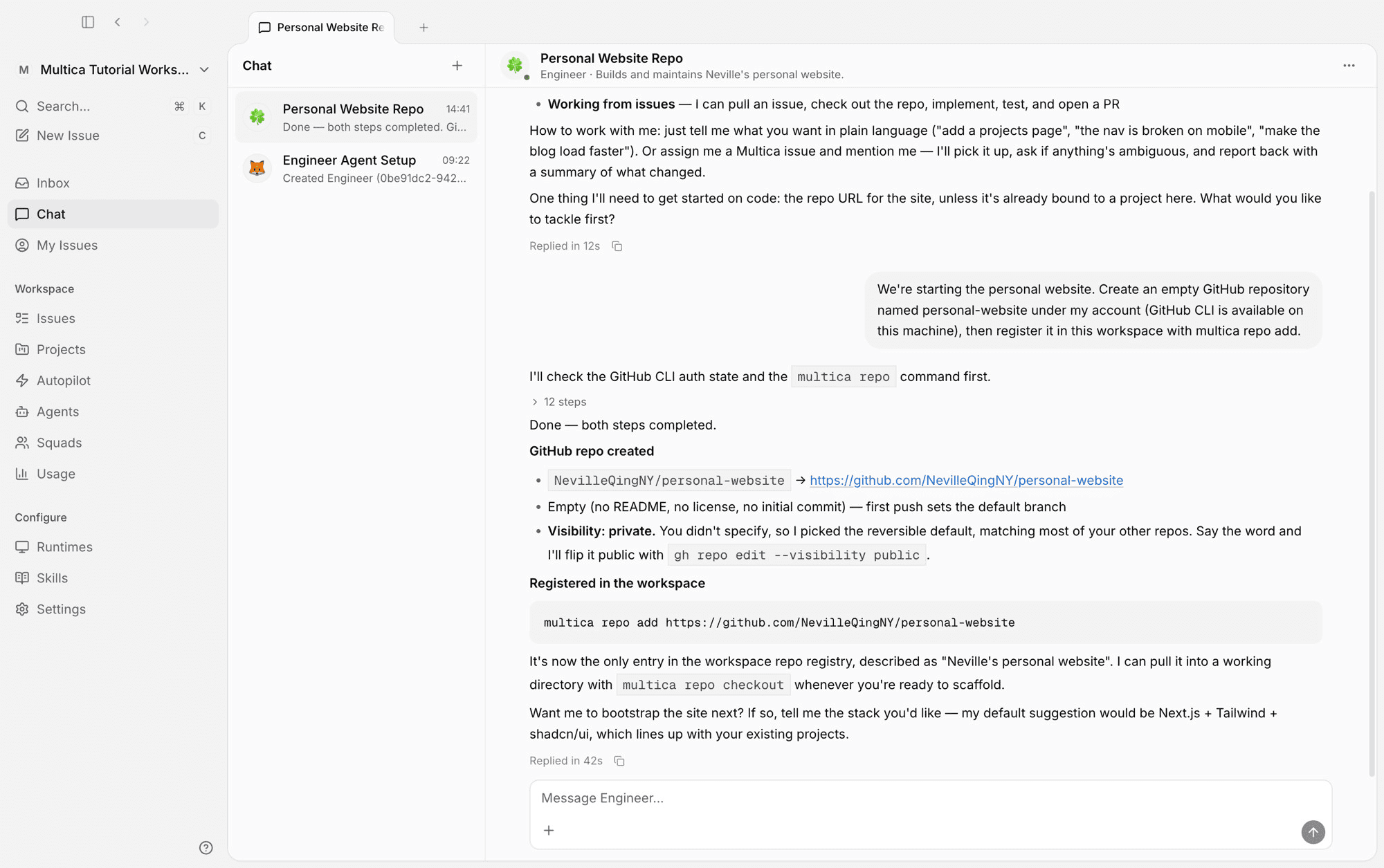 Chat: Engineer replies that the repository is created and registered